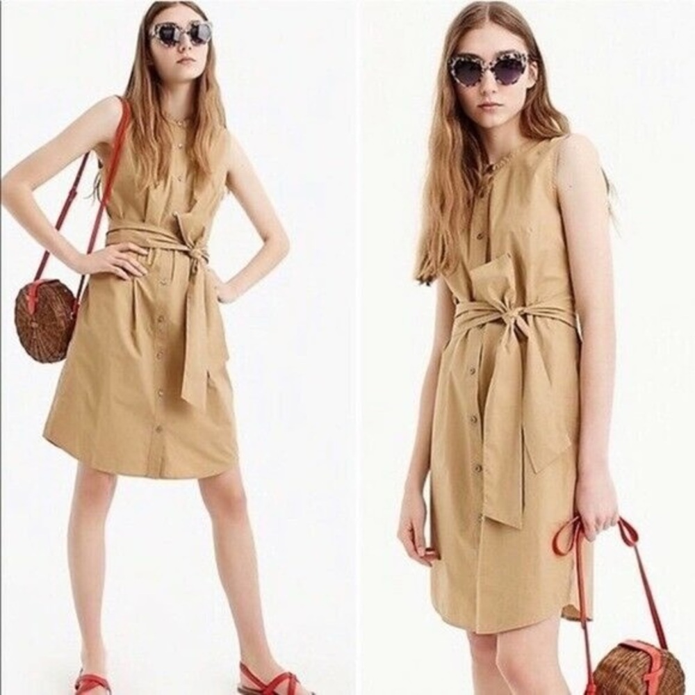 J. Crew Collection Khaki Sleeveless Tie-Waist Shirt Dress Size L